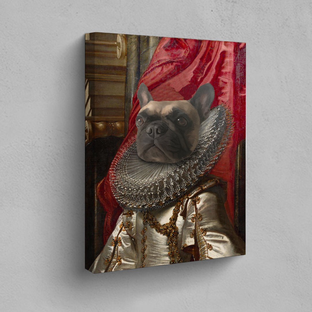 Die Königin - Petfy Portrait Gemälde Tierportrait Hundeportrait Katzenportrait in Kleidung Uniform Anzug historisch klassisch adelig Barock Renaissance Haustierportrait in Kleidung nach Foto Fotovorlage auf Leinwand mit Holzrahmen gedruckt personalisierte Geschenkidee Haustier Haustierbesitzer Hund Katze Pferdeliebhaber Erinnerung Andenken Beileid an verstorbenen Hund Katze Haustier in Kleidung Uniform Haustierkunst Haustiergemälde Haustier gemalt